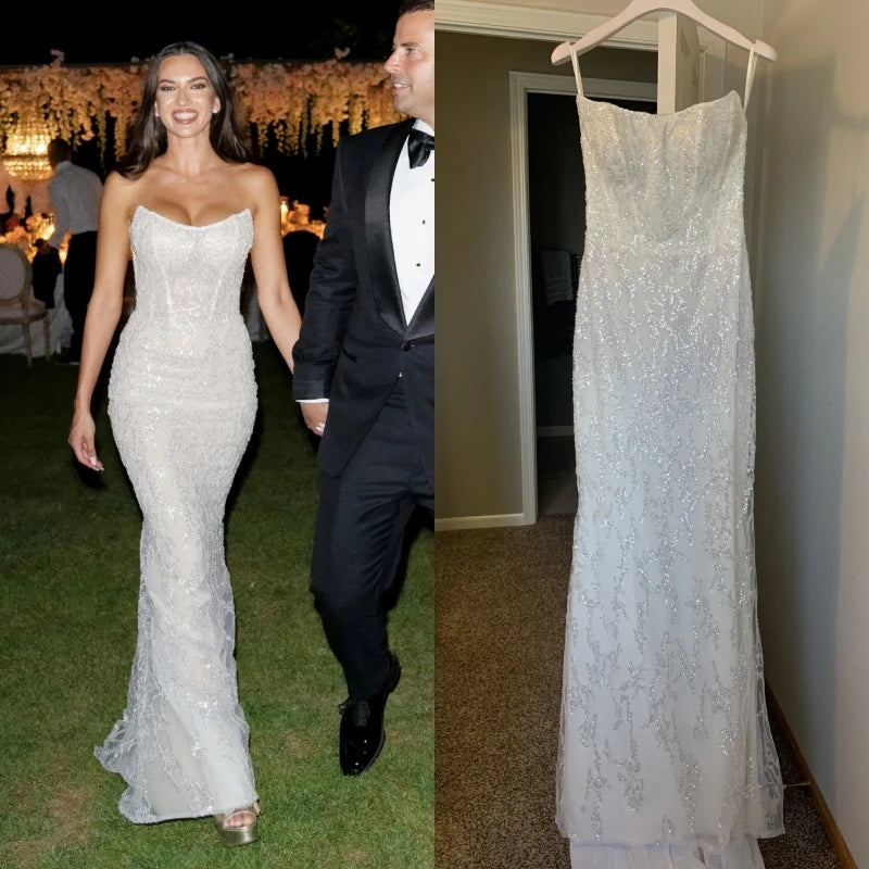 15416# Exquisite Beading Lace Sheath Strapless Wedding Dress for Party Shiny Sweep Train Bridal Dress Bridal Gown for Woman
