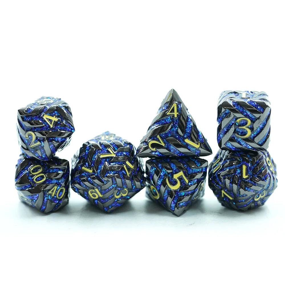 High Quality Blue and Black Gold Soft Edge Polyhedral Metal Dice Set DND Game with Stripe Great Price