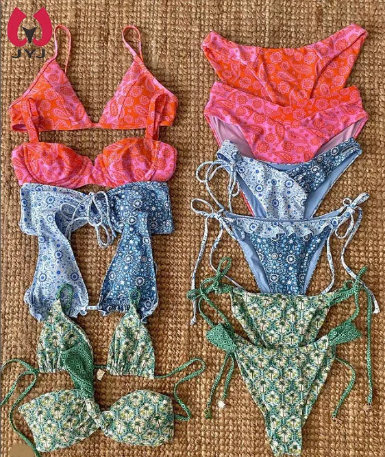 Designer Custom Asymmetry Swimwear Floral Print Tube Top Scoop Neck One-Shoulder 2 Bikini Set Lace Triangle Eco-Friendly Quick