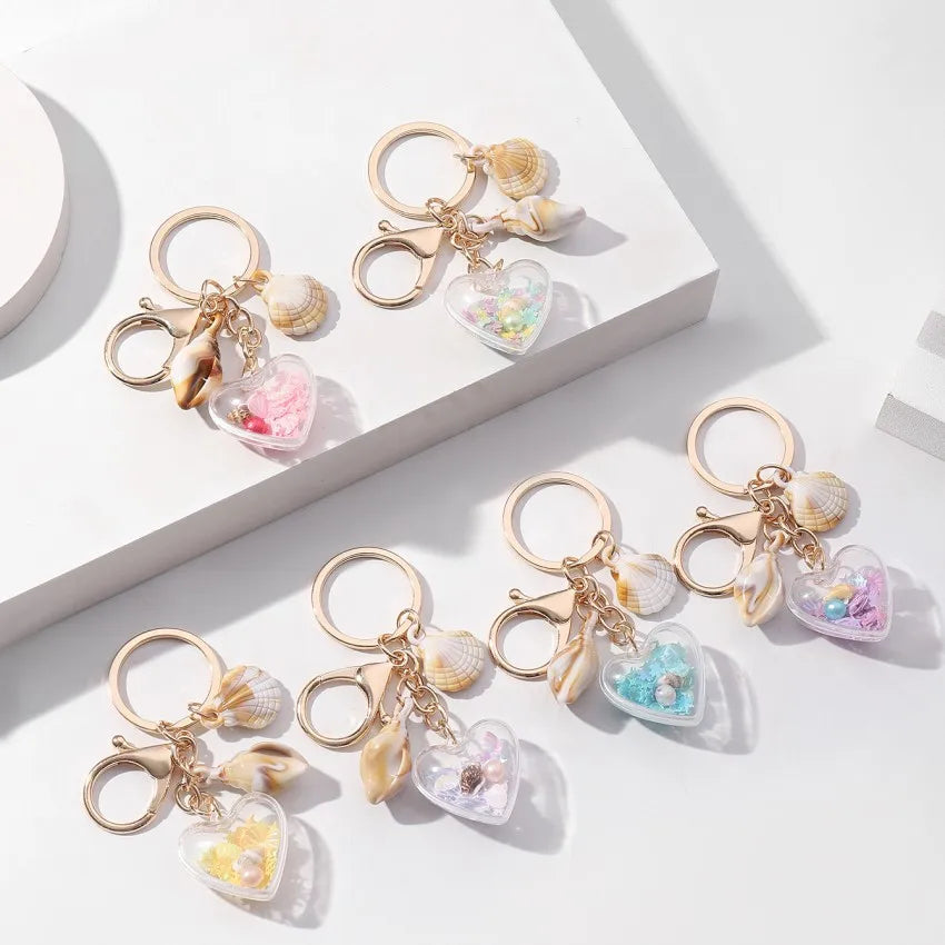 Simulation Sequin Conch Sea Shell Pearl Charm Keychain Travel Souvenir Love Heart Starfish Bag Handbag Pendant Key Chain Keyring