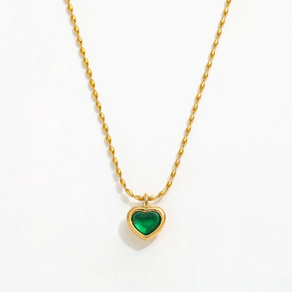 Fenny 18K Gold Plated Fashion Elegant Heart Green Zircon Pendant Rice Shaped Chain Necklace Stainless Steel Jewelry Wholesale