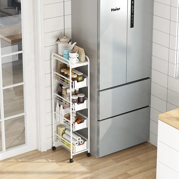 Kitchen Trolley Island Cart Slide Mobile Shelving Narrow Corner Organizer 4 Tier Gap Storage Holder Shelf Living Room Bathroom