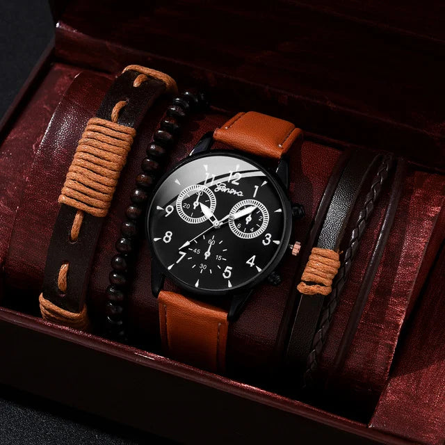 Promotional Men's Wristwatch Business Fashion Quartz Watch Set + Braided Rope Bracelet Gift Set with Box