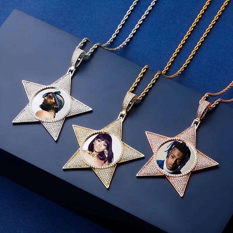 New Personalized Custom Sublimation Photo Pendants DIY Brass Rose Gold Plated Zircon Hip Hop Jewelry Women Men Charm Star Shape