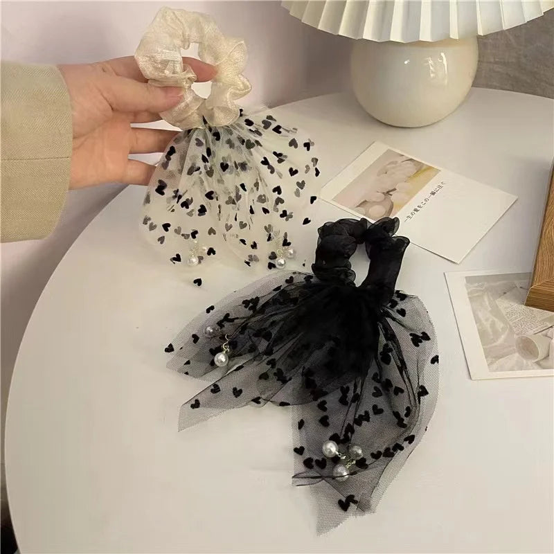 MIO New Arrival Mesh Scrunchies Long Scarf Hair Bands Shimmer Soft Fabric Hair Scrunchies With Pearls Tassels