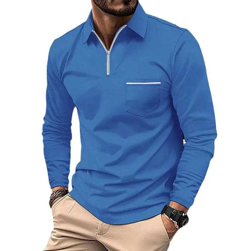 RNSHANGER Spring Men's Business Long Sleeve Polo Shirt Casual Solid Color Lapel Zipper Pocket Breathable Polo Shirts