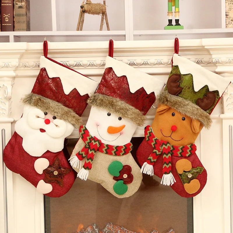 Popular New Santa Claus Snowman Deer Knitted Fabric 29x47cm Socks Decorated Christmas Stocking Gift Bag