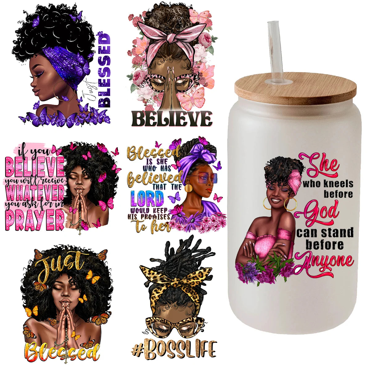 Wholesale UV Cup Wrap Transfers 16oz Black Girl Design Custom UV Transfer 16oz Cup UV Cup Wrap Transfers Sticker