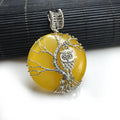 Hongzhuo Natural Healing Crystal Pendant for Women Wire Wrapped Jewelry Tree of Life Yellow Agate Owl Necklace Pendant Jewelry