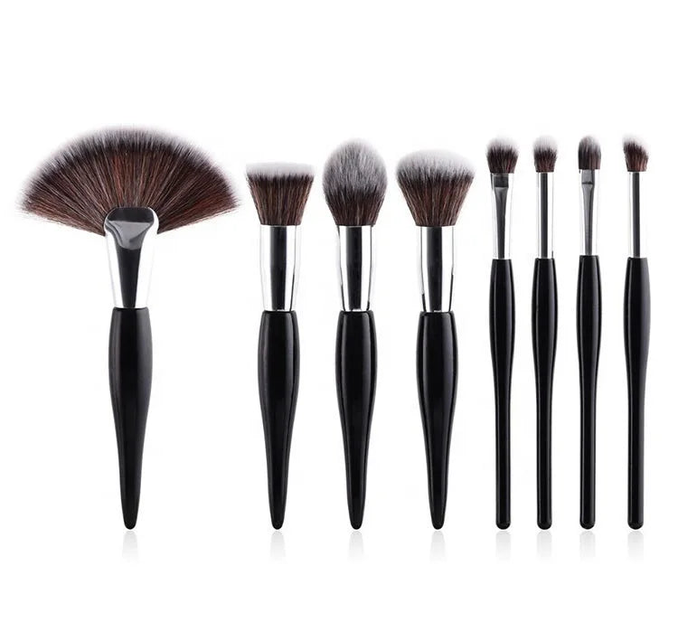 Custom Logo 8-Piece Black Luxury Face Makeup Brush Set Synthetic Hair Wood Handle Fan Brush Style Concealer Compatible Low MOQ