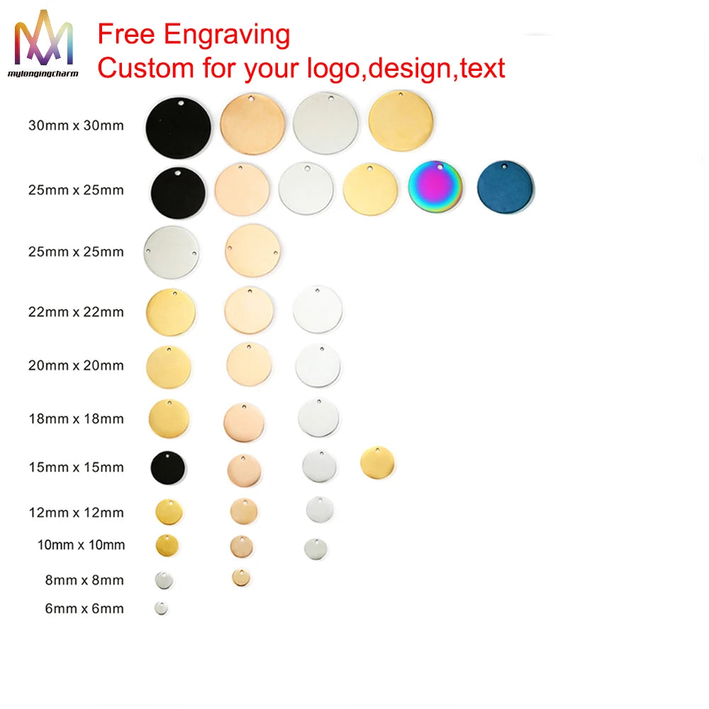 Free Laser Engraving Jewelry Accessories 6-30Mm Disc Round Metal Tag Custom Logo Stainless Steel Charms for Jewelry Making