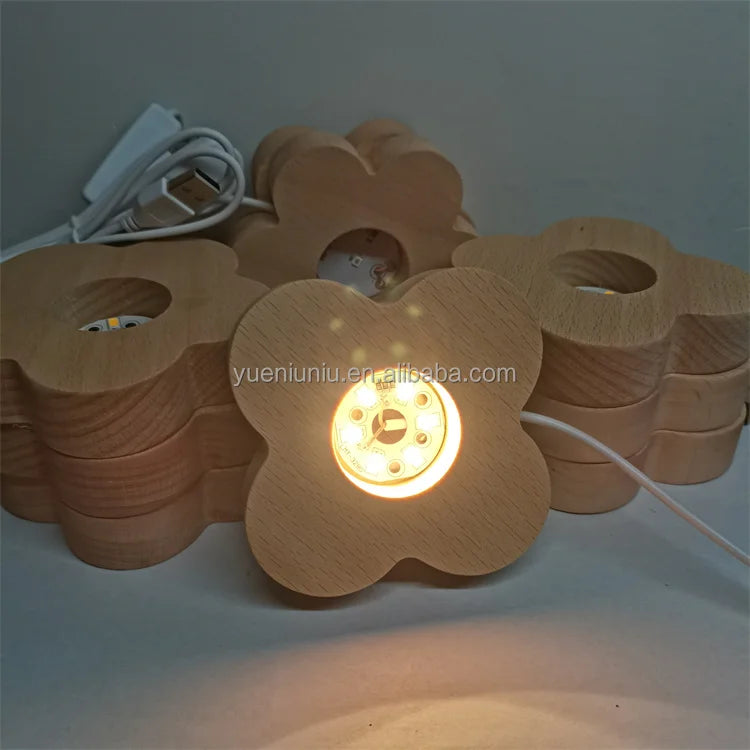 Customized 3D Crystal Resin Rectangle Round Petal Shape LED Night Light Wooden Base