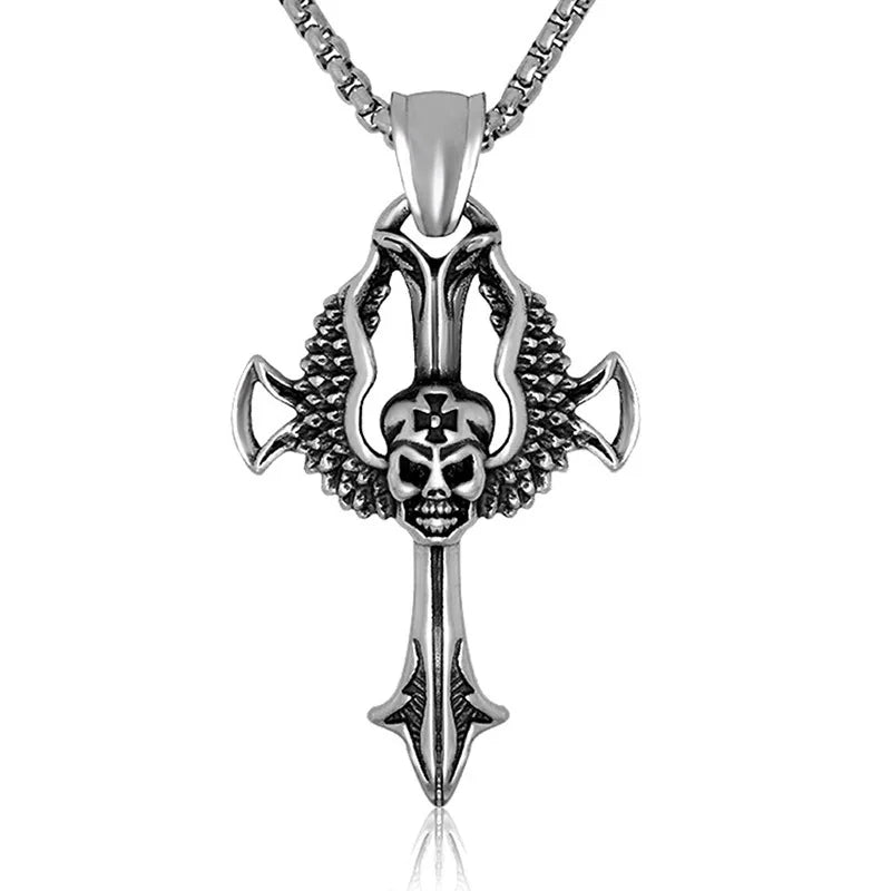 Wholesale Fashion Stainless Steel Skull Shaped Necklace Big Cross Necklaces for Boy Rock Biker Jewelry