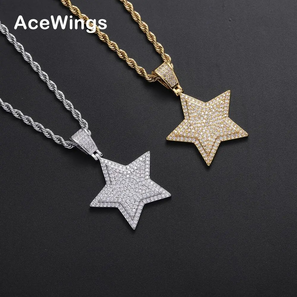 CN366 Brass Setting CZ Star Pendants Hip Hop Necklace Iced Out Jewelry