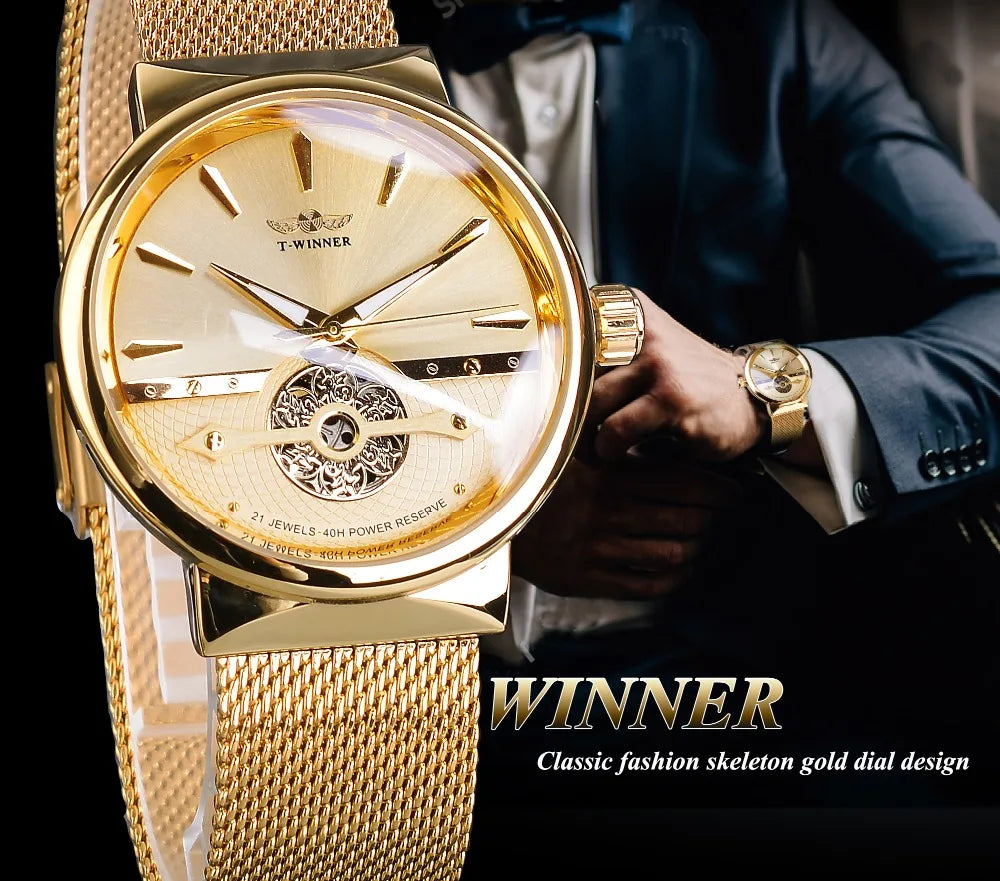 Winner Men Gift Watch Fashion Business Mechanical Slim Hollow Clock Waterproof Mesh Band Automatic Mens Watches Dropshipping