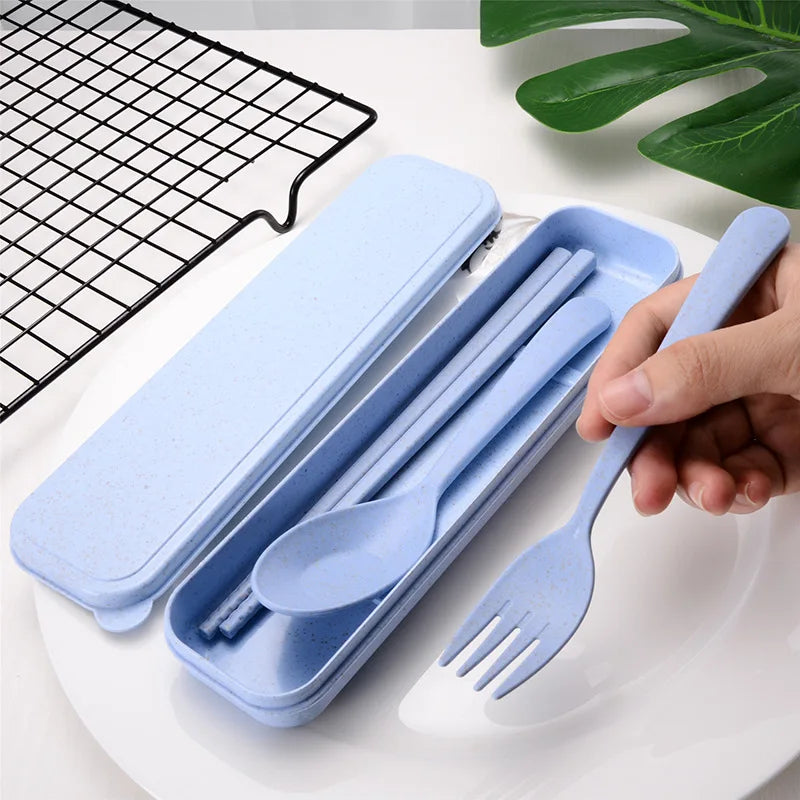 Camping Travel Reusable Flatware Fork Chopsticks Spoon Tableware Portable Wheat Straw Cutlery Set with case