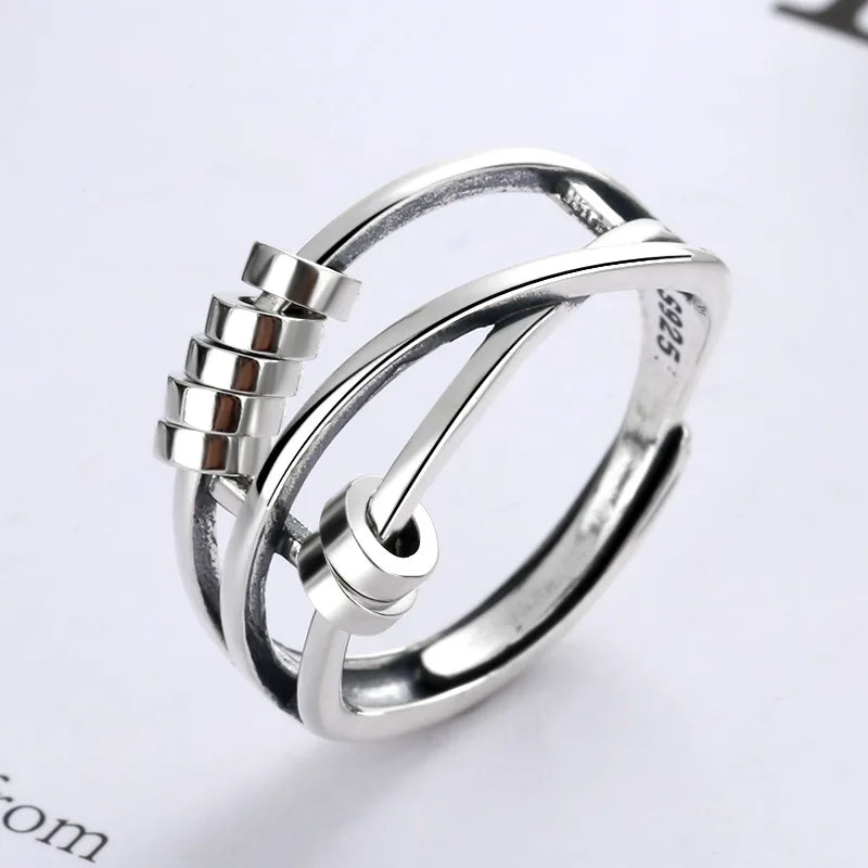 S925 Sterling Silver Ring for Women Multi Circle Rotatable Bead Anxiety Ring Layers Adjustable Rotating Relieving Stress Ring