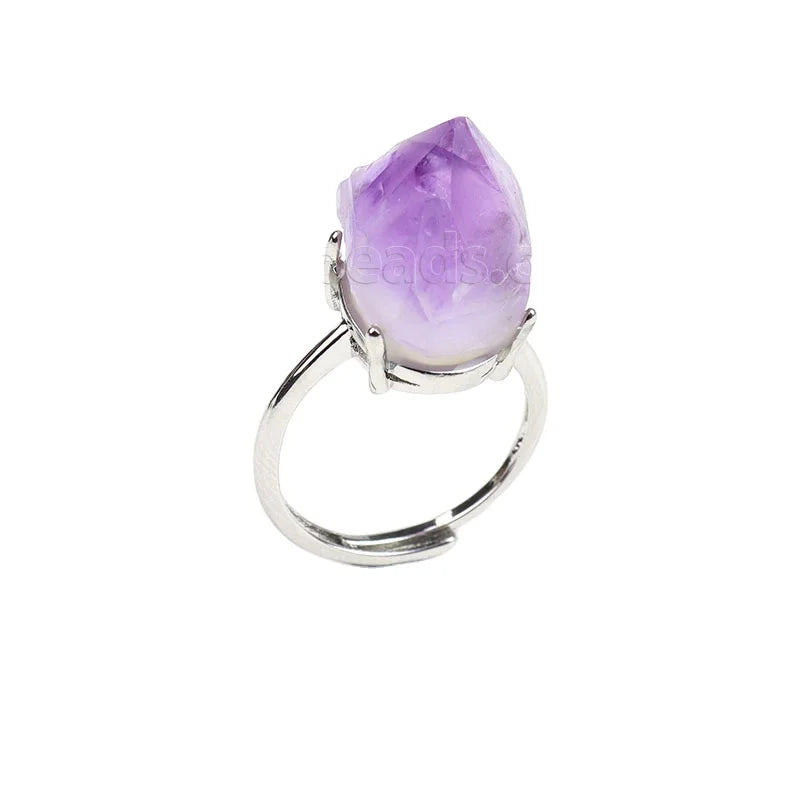 Natural Crystal Cluster Amethyst Adjustable Ring Purple Rough Raw Crystals Resizable Genuine Gemstone Stone Rings