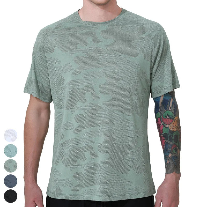 2025 Casual Crew Neck Short Sleeve Tshirt Jacquard Breathable Polyester Tops Quick Drying Fitness T-shirt Sports Shirts for Men
