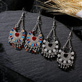 Retro Women's Afghan Black Flower Indian Earrings Ethnic Gypsy Silver Color Jhumka Beads Tassel Wedding Earrings Bijoux