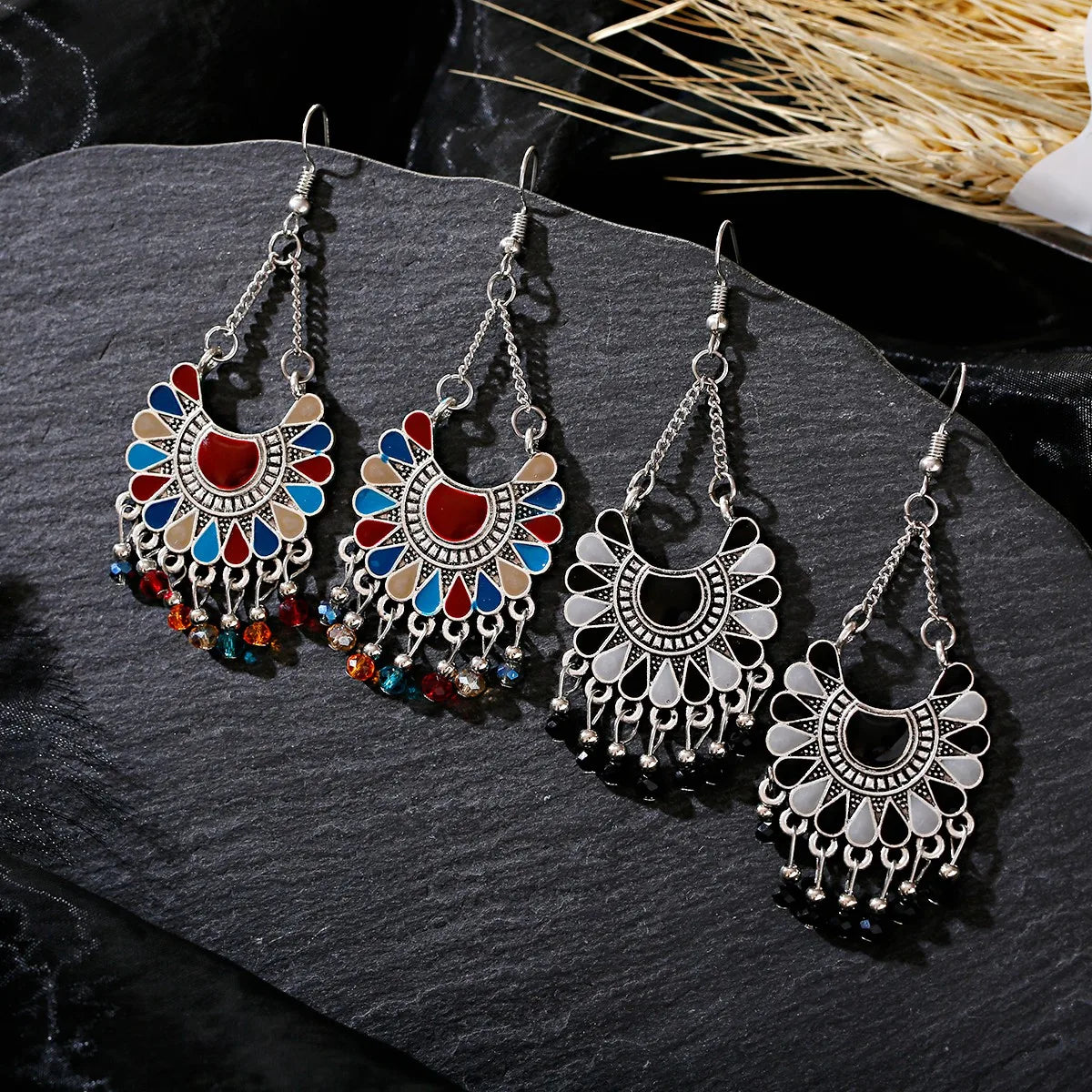 Retro Women's Afghan Black Flower Indian Earrings Ethnic Gypsy Silver Color Jhumka Beads Tassel Wedding Earrings Bijoux