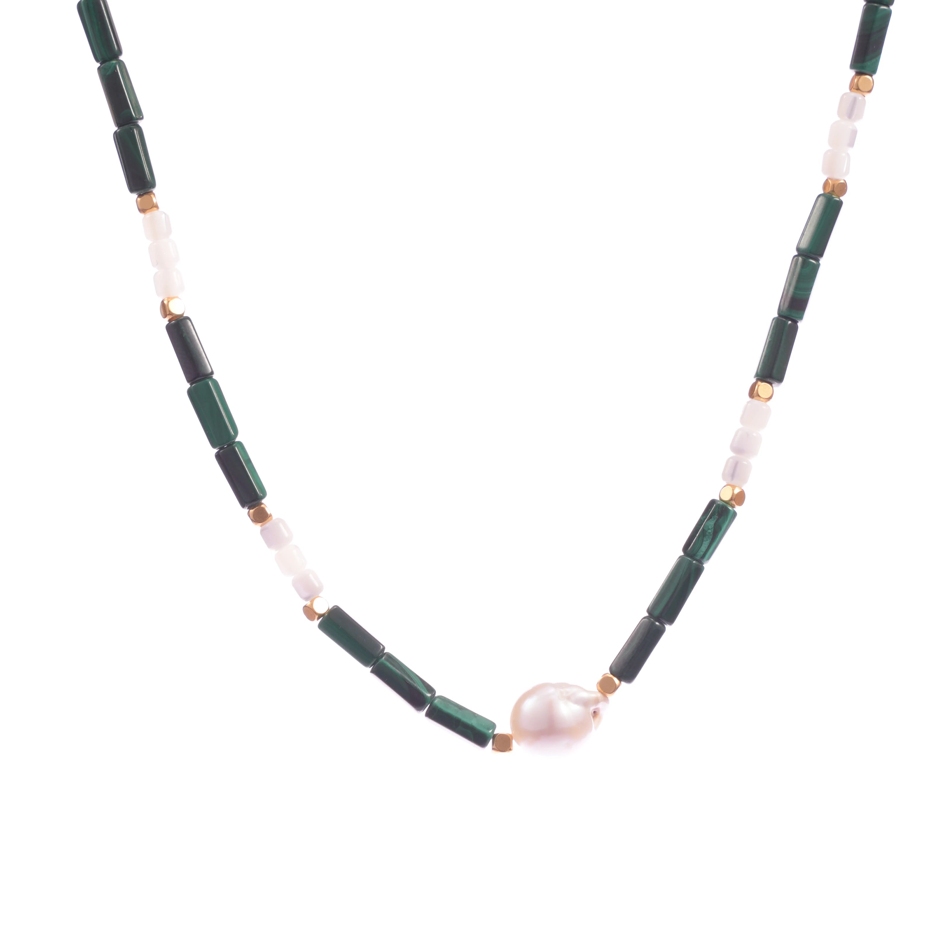 Emerald Green Jade Cylinder Beads with White Spacer & Small Baroque Pearl Necklace for Women Fashion Jewelry