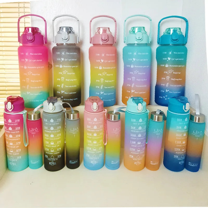 Wholesale Eco-friendly Gradient Colored Wide Mouth Sport Travel Motivational Time Reminder Water Bottle Plastic with Straw