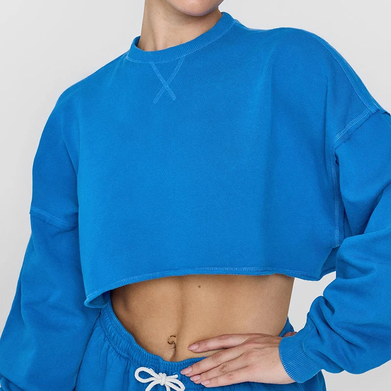 Casual Pullover Street Top Drop Shoulder Sweater Long Sleeve Crewneck Short Sweatshirts Sports Cropped Sweatshirt for Women