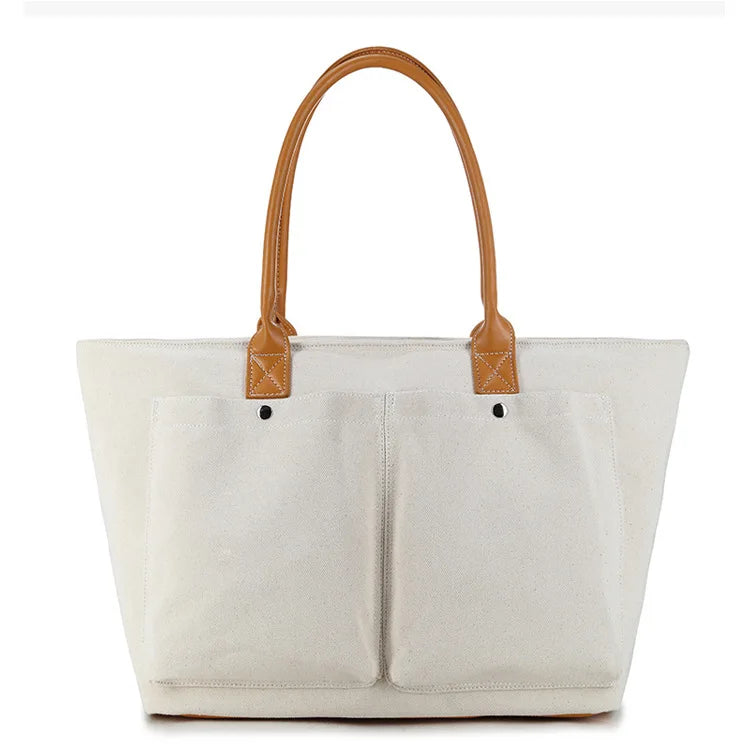 Custom Logo Pocket Shoulder Hand Bag Reusable Natural Canvas Food Bottle Market Shopping Bags