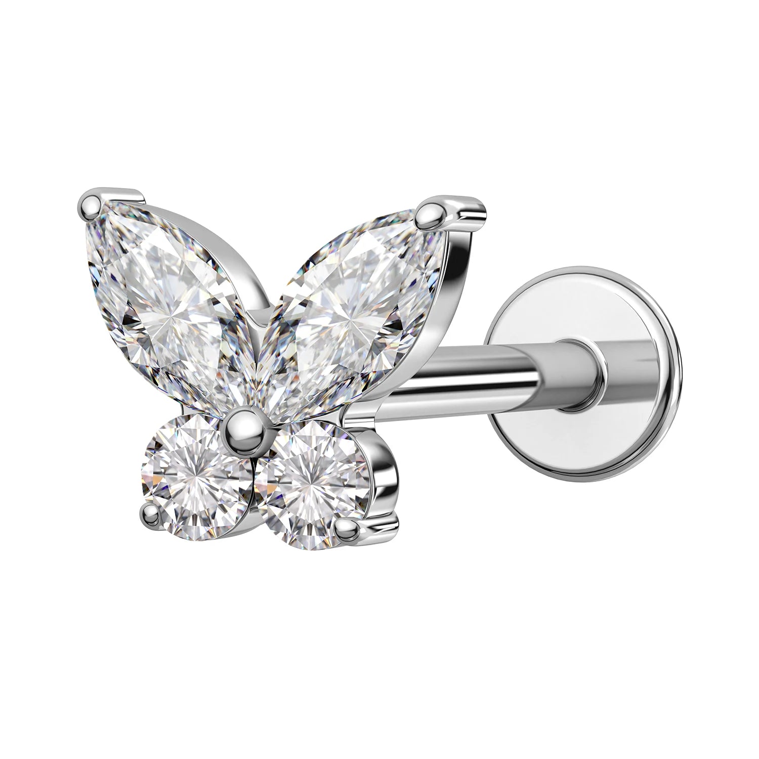 TOPOSH 16G G23 Titanium Internally Threaded Labret Stud with a Marquise and Round Cut CZ Butterfly Top for Cartilage Jewelry
