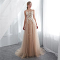 Women champagne Temperament Sleeveless O-neck Long Evening Prom Dresses