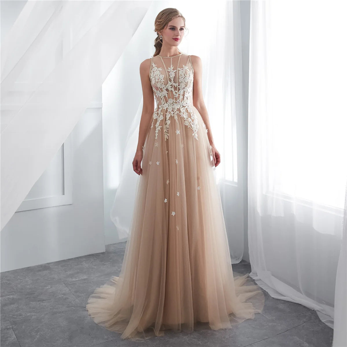 Women champagne Temperament Sleeveless O-neck Long Evening Prom Dresses