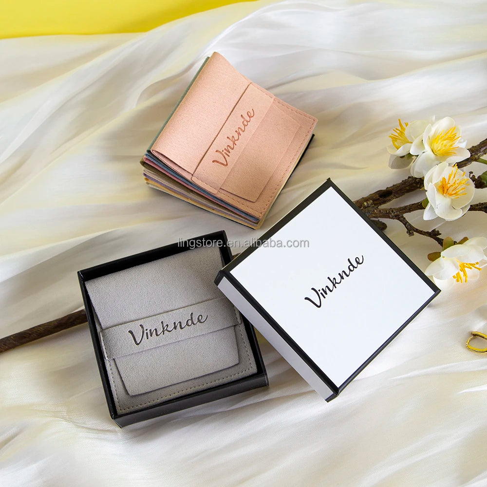 Elegant Jewelry Package Cardboard Box with Lid Delicate Microfiber Suede Envelope Pouch With Band
