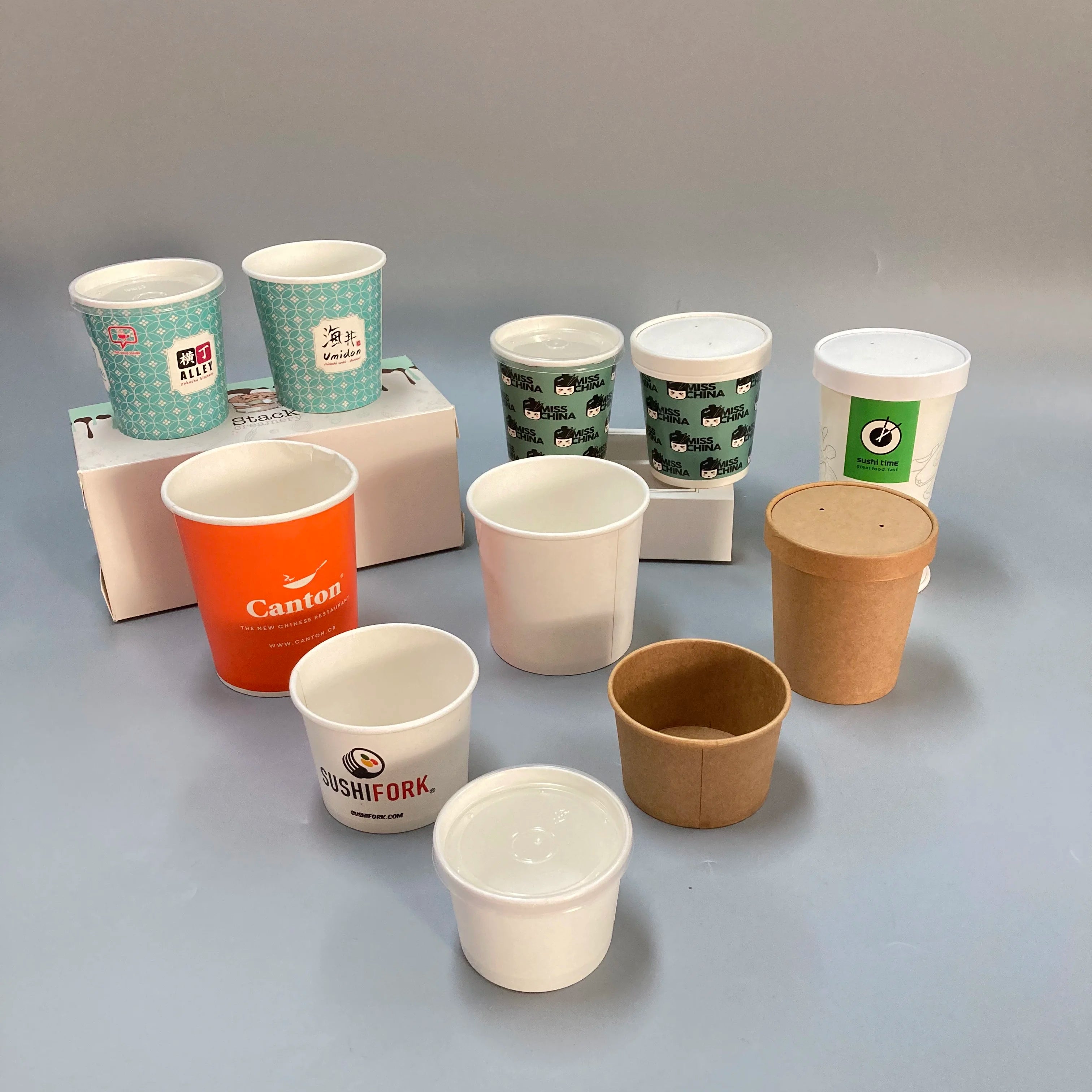 Custom Logo Printed Biodegradable Disposable Kraft Paper Soup Bowls Eco-Friendly Take Away Hot Soup Cup with Lid