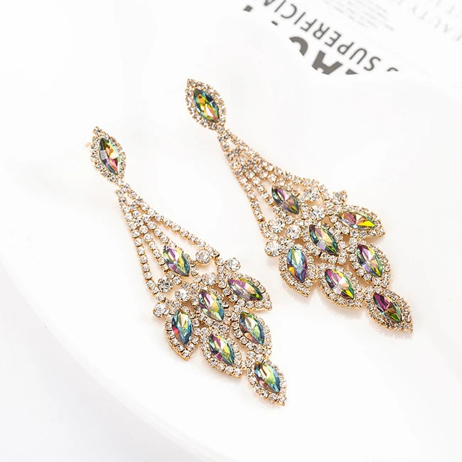 New Arrivals Fashion Leaves Drop Shape Color Pendant Rhinestone Earrings for Women