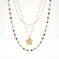 QIAOREN 12137 Ins Trend Multicolored Eye Bead Stainless Steel Double Layer Necklace Gold Floral Pendant Ladies Accessories