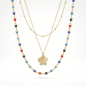 QIAOREN 12137 Ins Trend Multicolored Eye Bead Stainless Steel Double Layer Necklace Gold Floral Pendant Ladies Accessories