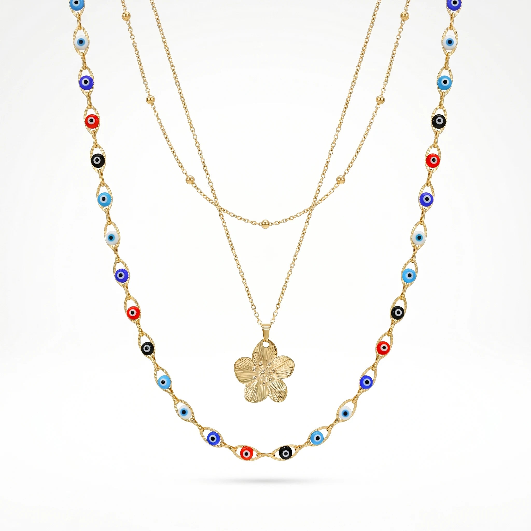 QIAOREN 12137 Ins Trend Multicolored Eye Bead Stainless Steel Double Layer Necklace Gold Floral Pendant Ladies Accessories