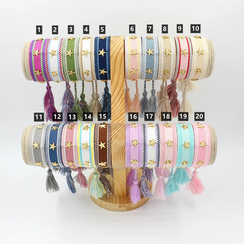 Golden Pentagram Metal Rivets Webbing Bracelet Star Customizable Personalized Tassel Wristband