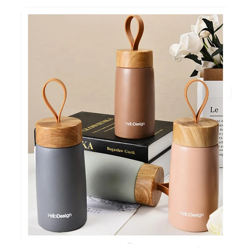 Custom Creative Wood Grain Cover for 304 Stainless Steel Vacuum Cup Cute Mini Big Belly Flask with Tape for Thermos Cups