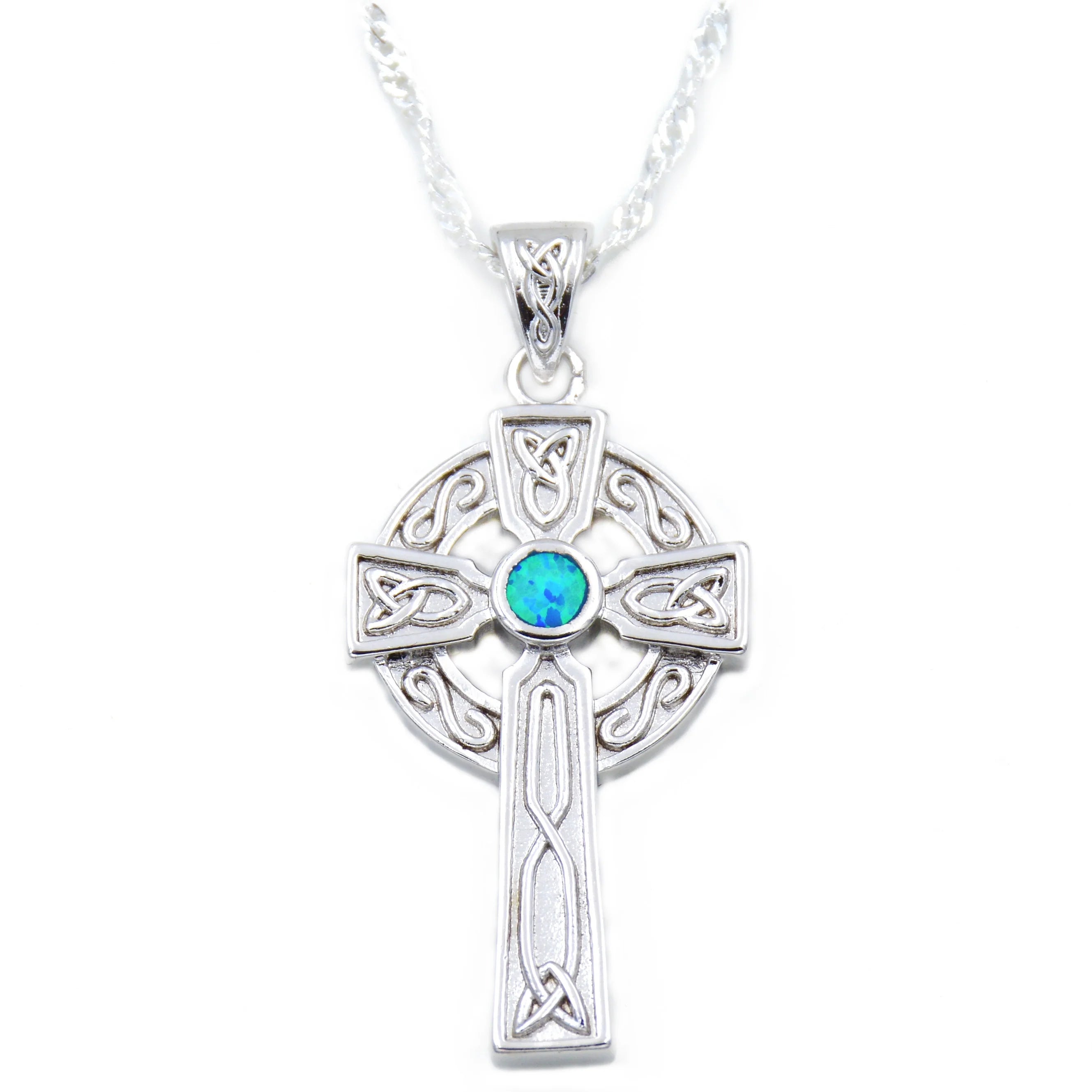 Blue Opal Irish Celtic Knot Cross Claddagh Pendant Necklace Saint Patrick's Day Gift