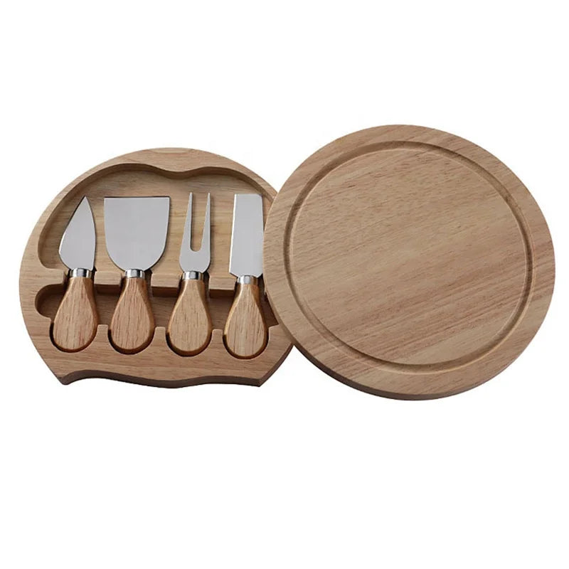 Hot Sale Cheese Board and Knife Set Stainless Steel Blade Rubber Wood Oak Wood Material for Home Kitchen Use