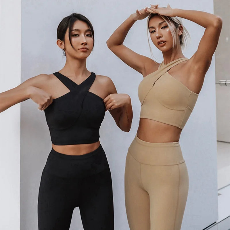 Top Selling Smart Fabric Yoga Clothes Women Shockproof Sexy Cross Sports Bra Suit Gym Fitness Set