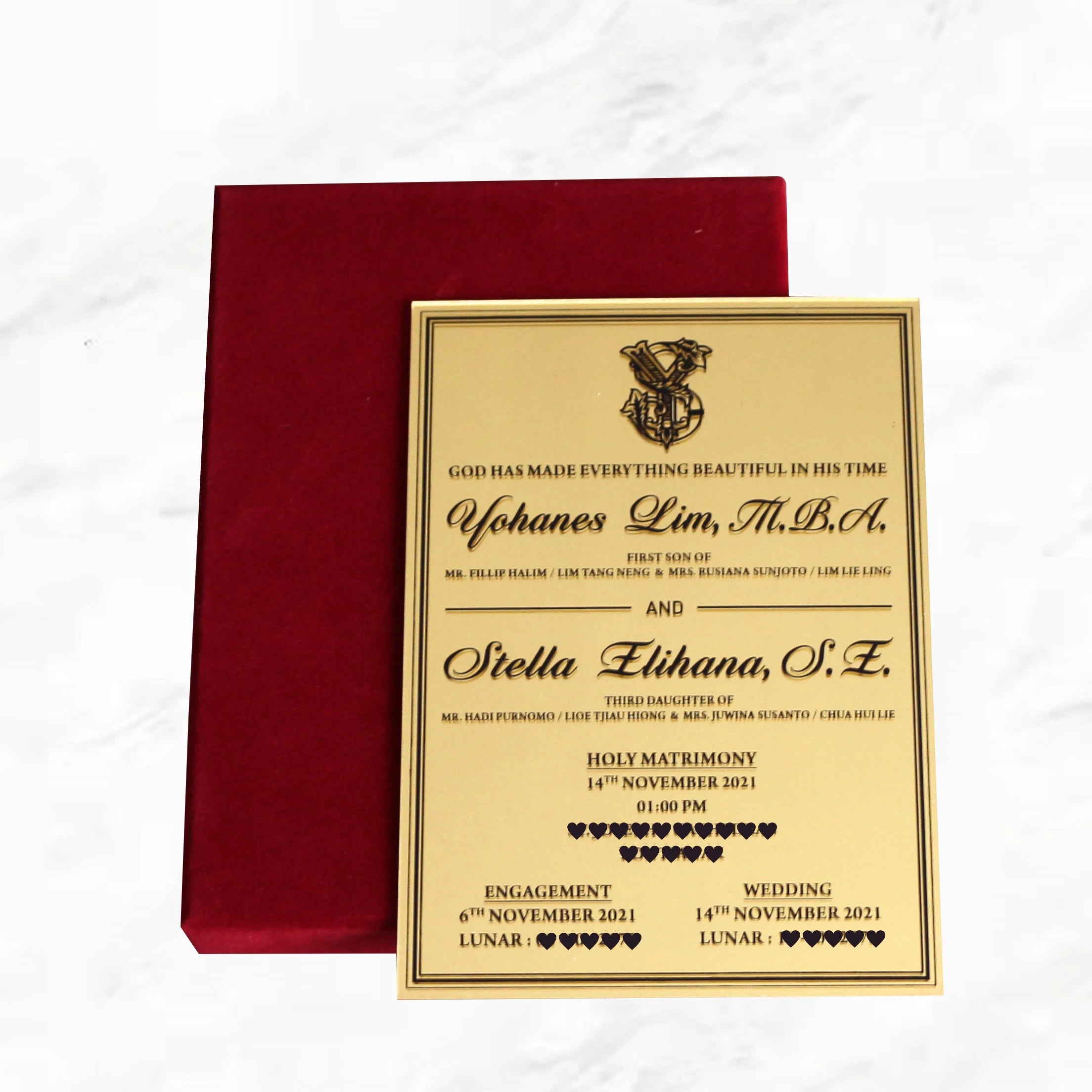 Luxury 5X7 Inches Gold Mirror Acrylic Invitations Handmade Burgundy Velvet Hardcover Boxes Black Foil Music Angel Wedding