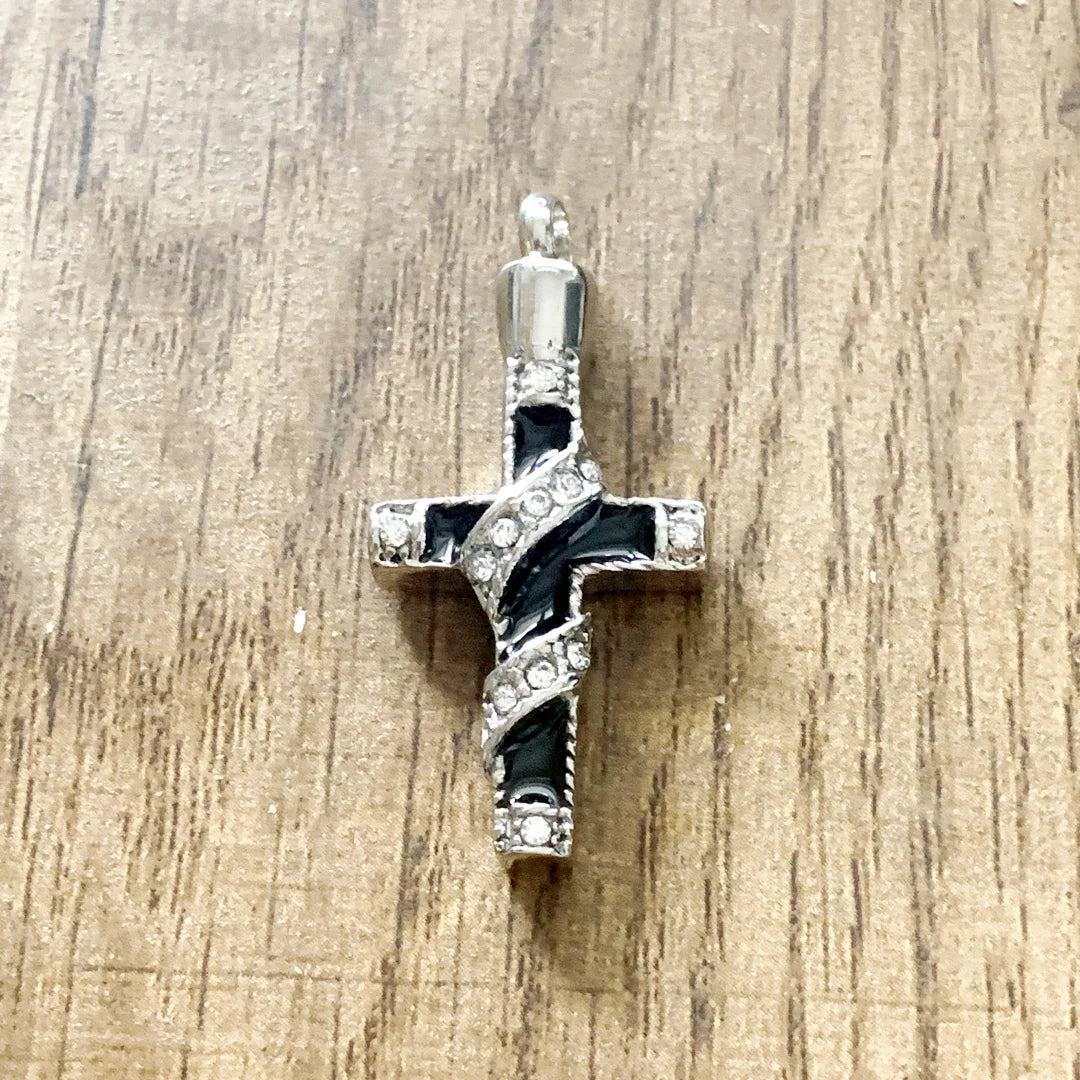 Vintage Crystal Ribbon Cross Urn Stainless Steel Silver Plated Cremation Memorial Pendant Ash Keepsake Jewel Necklace Enamel