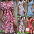 2021 Wholesale New Fashion for Women With Waist Tucked and Slit Print Short Sleeved V-neck Dress
