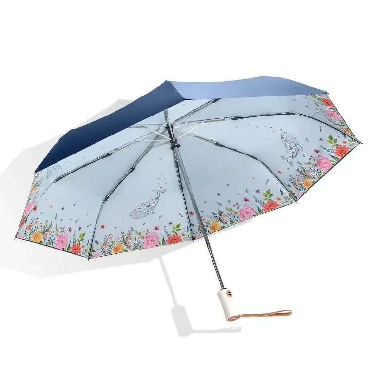 3 Fold Ladies Umbrella 21 Inches Double Layer Customized Inside Printing Uv Folding  Fully-automatic Control Folding Umbrella