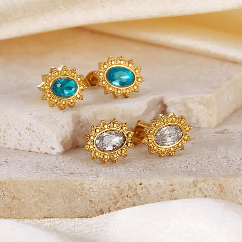 Fashion European American Luxury Fashionable 18K Stainless Steel Stud Earrings Sapphire Blue Zircon Gold Plated High-End Jewelry