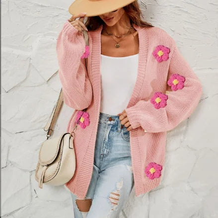 2023 European and American Winter Women's New Large Size Flower Cardigan Lantern Sleeves Knitwear Coat