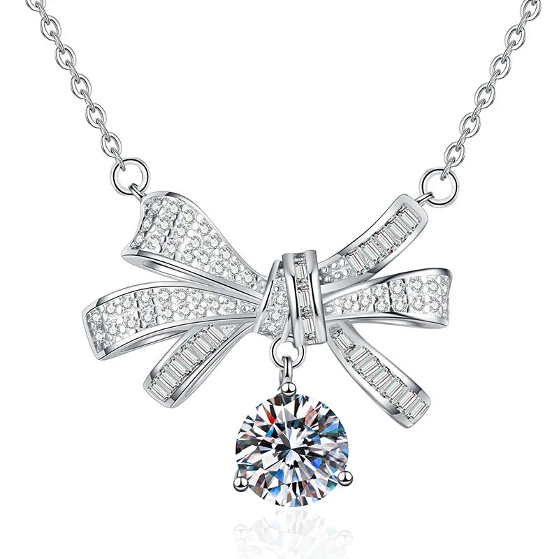 Light Luxury Moissanite Bow Pendant Necklace for Women Party 2Carat Moissanite Necklace Temperament Jewelry